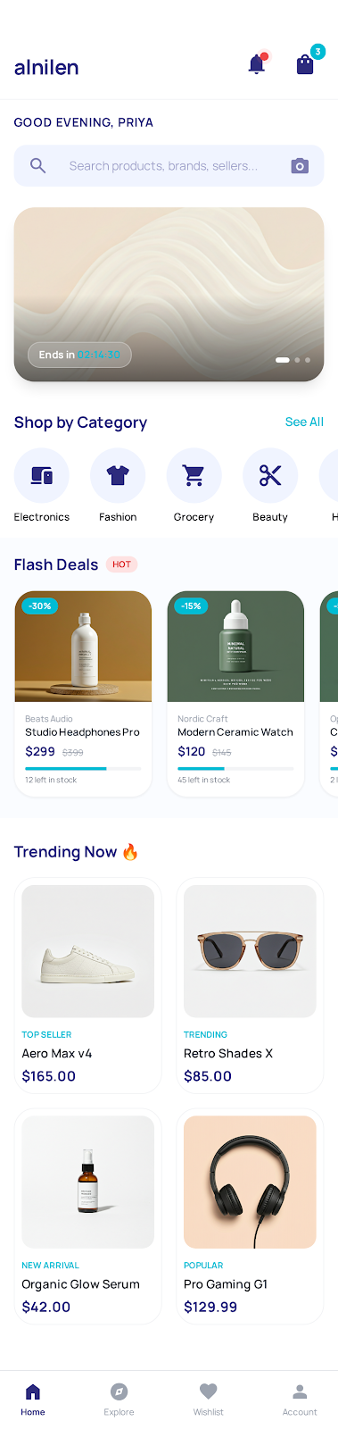 Alnilen marketplace buyer home screen