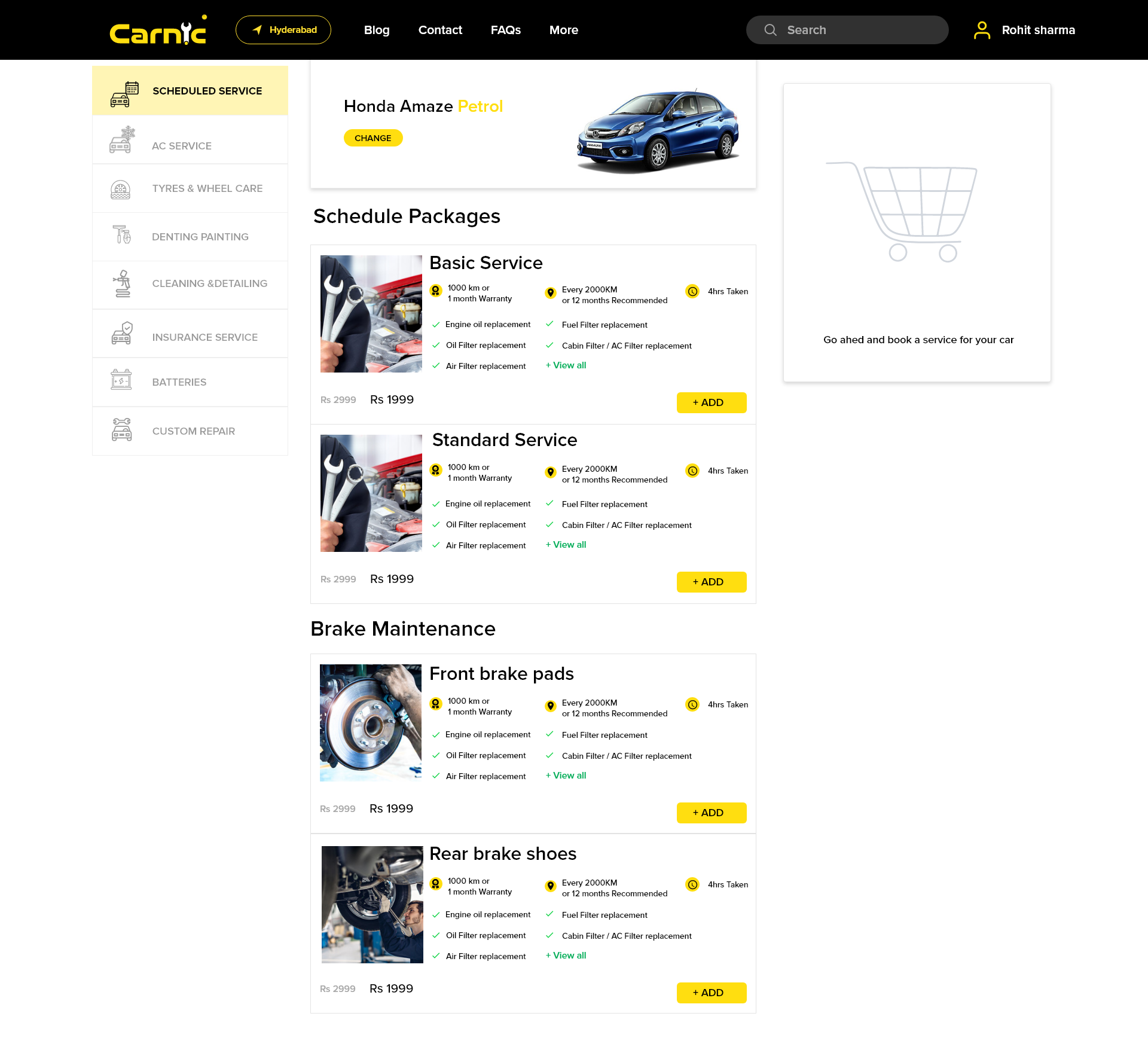 Carnic car service app screen