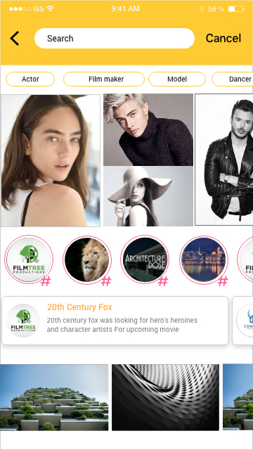 CiniHire talent search interface
