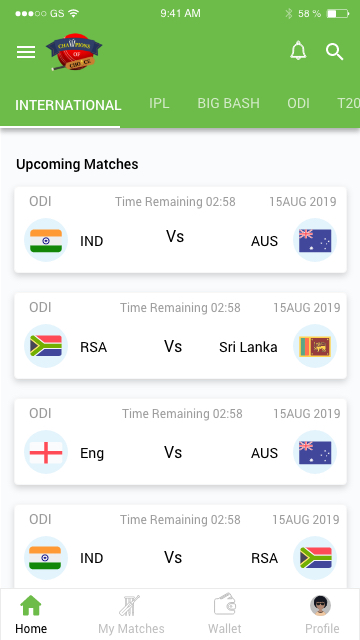 Champions of Choice fantasy cricket home screen