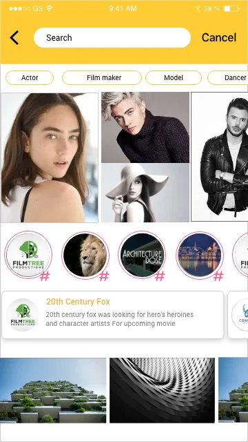 CiniHire talent search interface