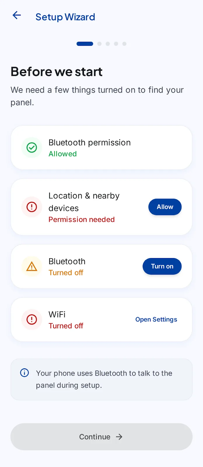 Designed setup preflight screen checking Bluetooth, location permission and Wi-Fi
