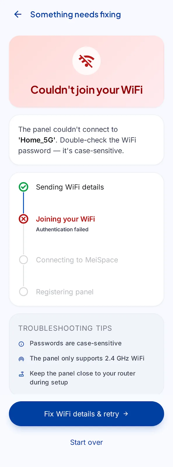 Designed recovery screen explaining a setup problem and retry options