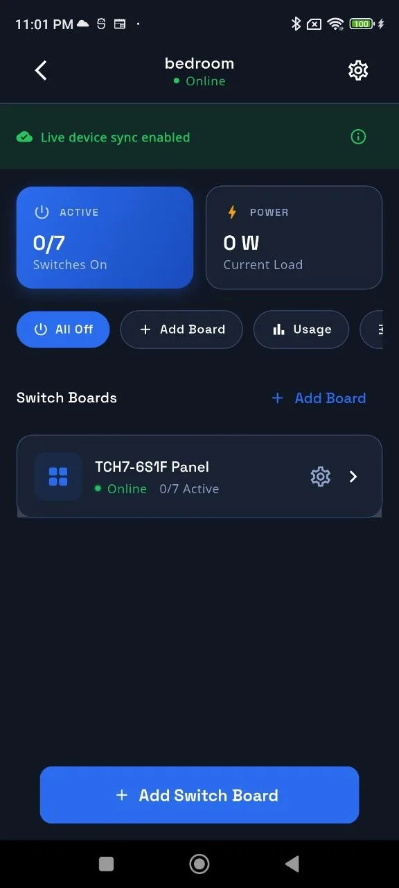 MeiSpace app showing a connected smart-home switchboard
