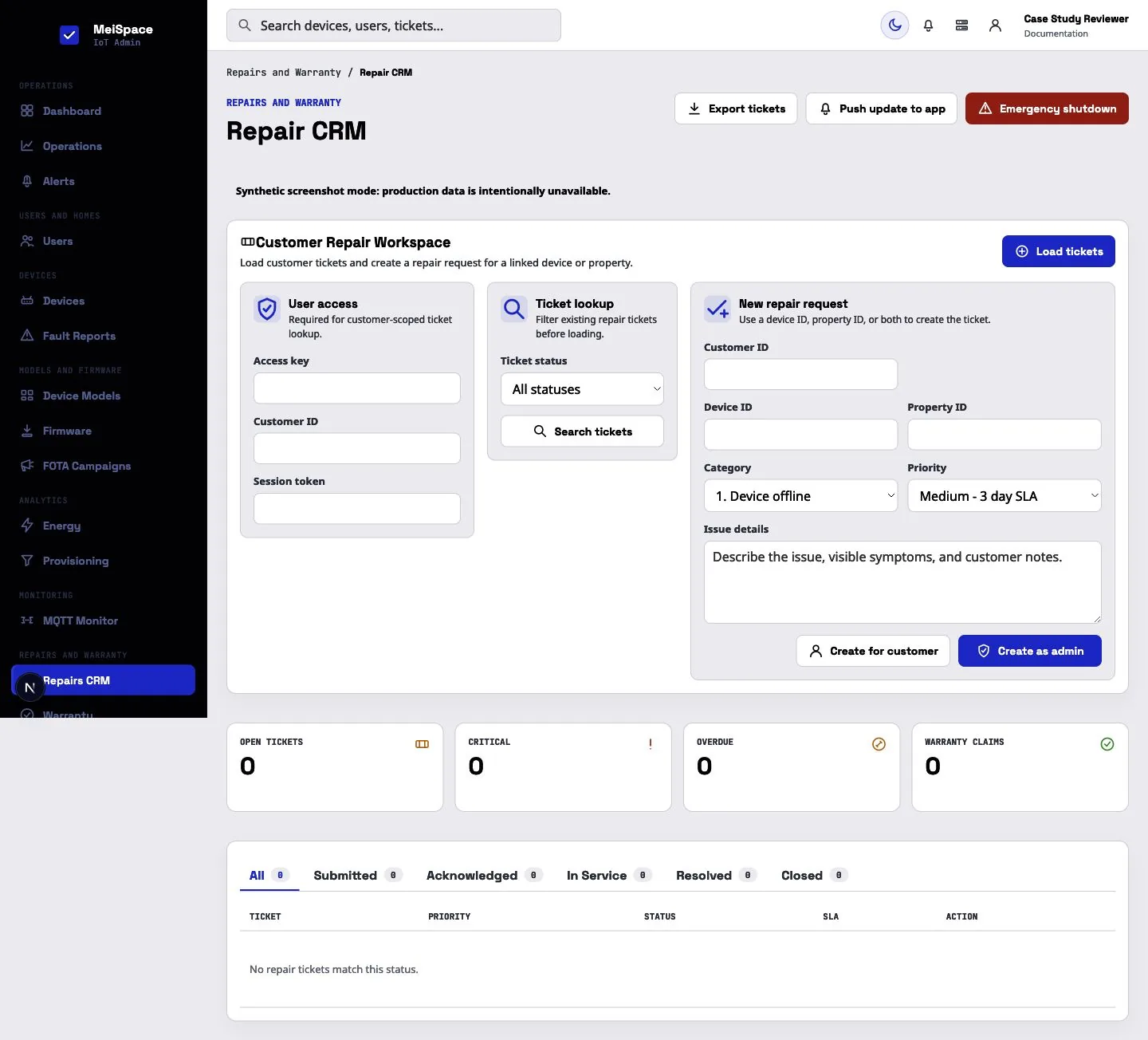 MeiSpace repair operations interface shown with synthetic empty data