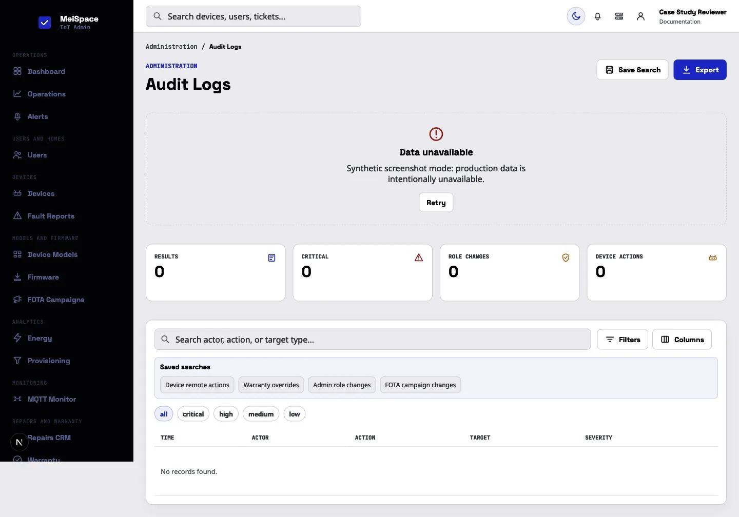 MeiSpace audit history interface shown with synthetic empty data