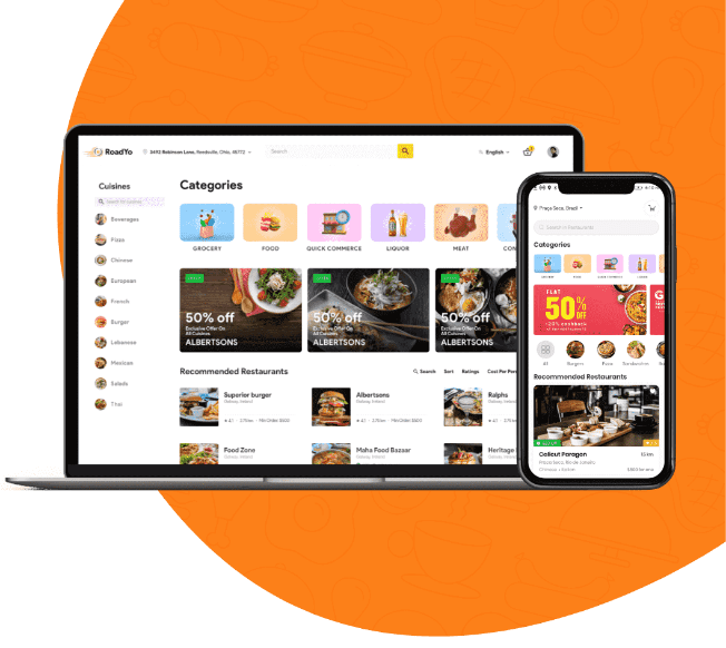 Food delivery concept shown on a laptop and phone