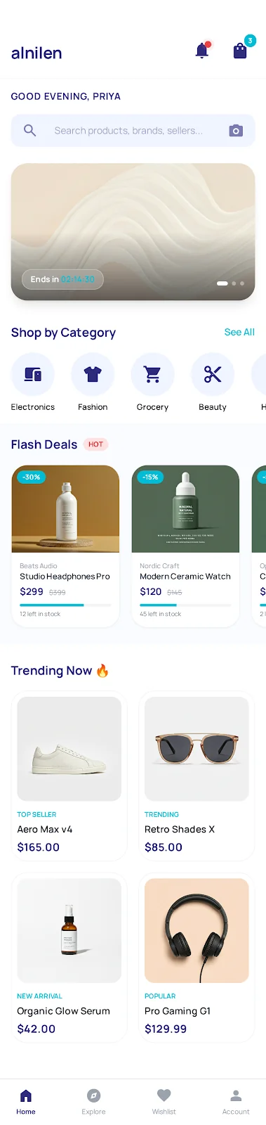 Alnilen shopping and product discovery screen