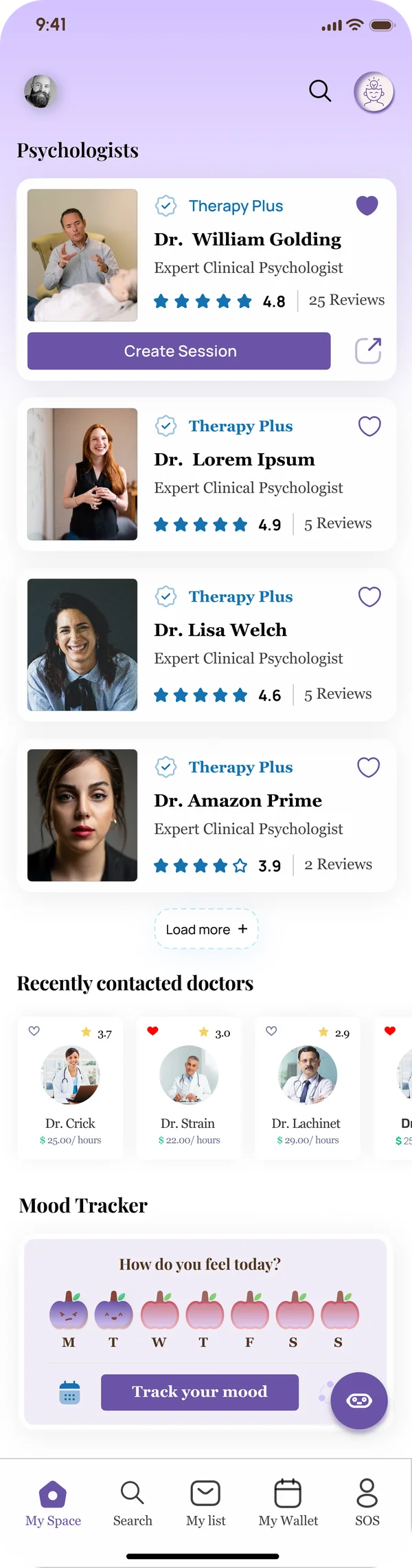 Mind360 therapist feed app screen