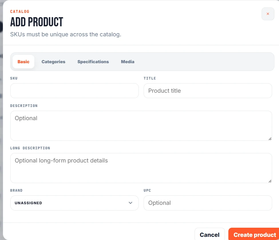 An empty Prostock product editor with Basic, Categories, Specifications and Media tabs
