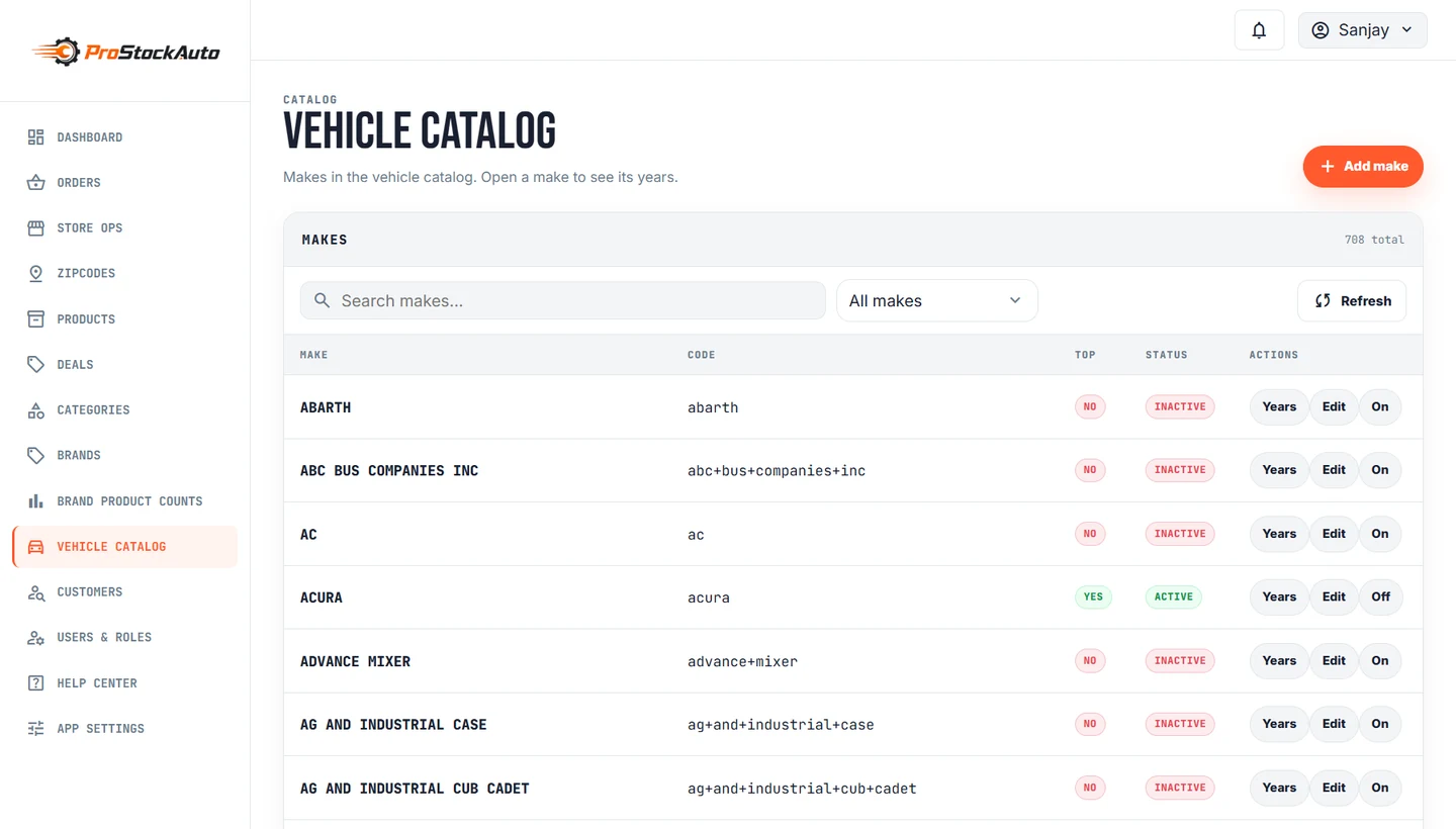 ProStock admin vehicle catalog with searchable makes and management controls