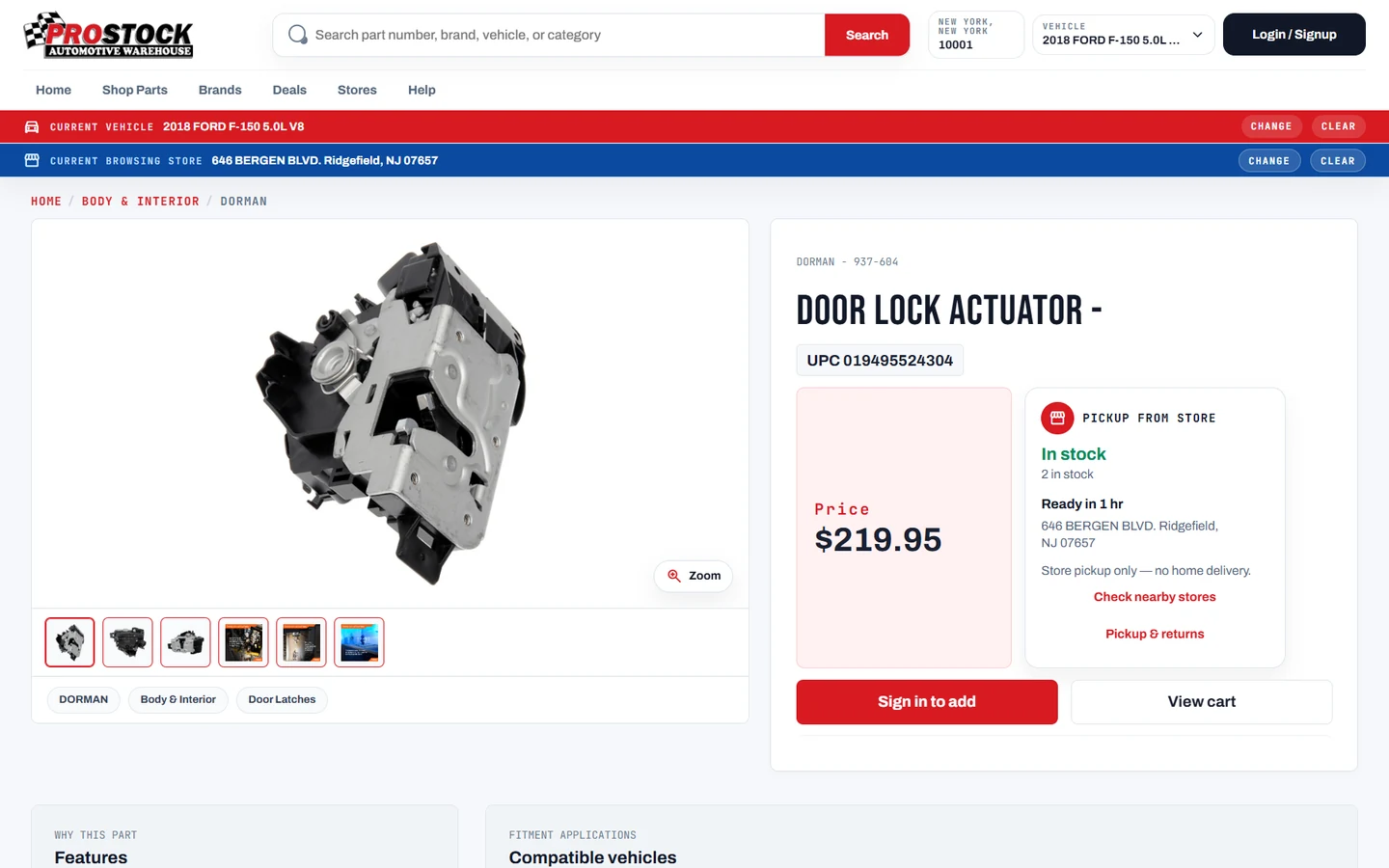 ProStock product page with product details, local pricing and pickup availability