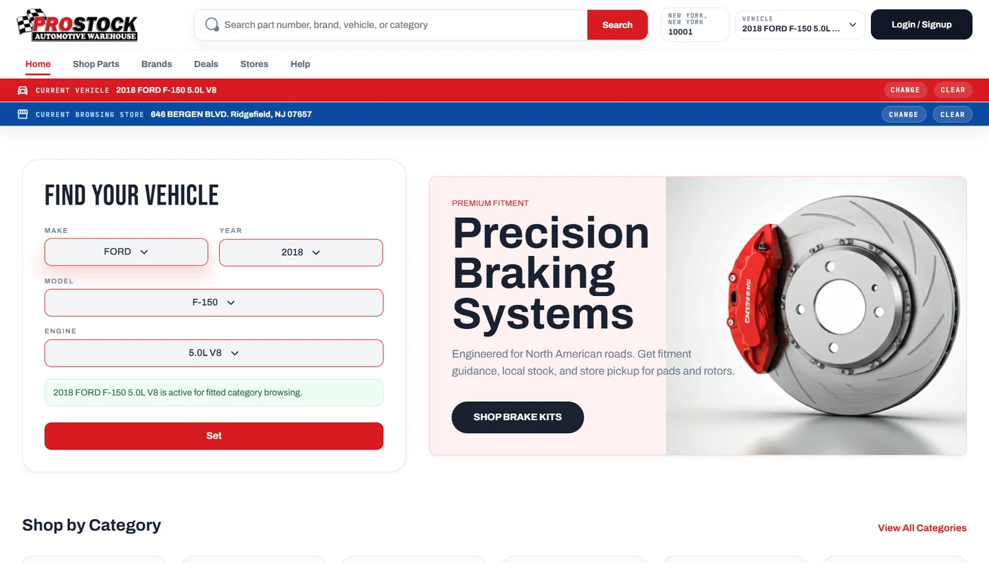 Prostock Auto parts website with vehicle selection and local store availability