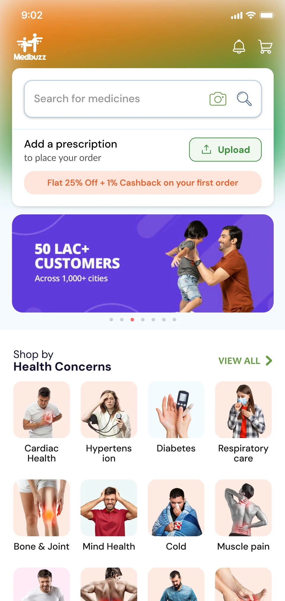 Medbuzz home screen with medicine search and prescription upload