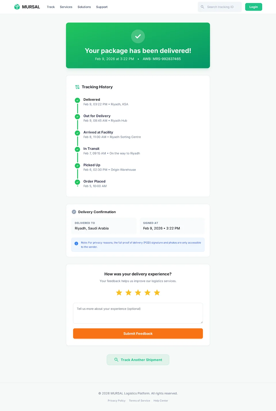Twseel Public Shipment Tracking Delivered State