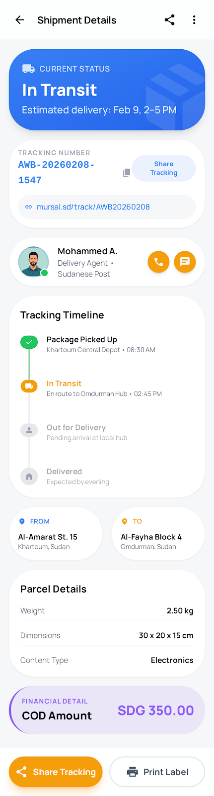 Twseel Merchant Tracking Details