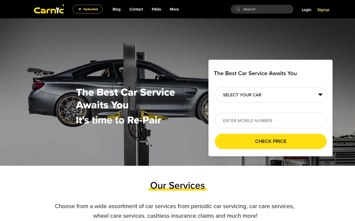 Carnic desktop website with car selection and service booking