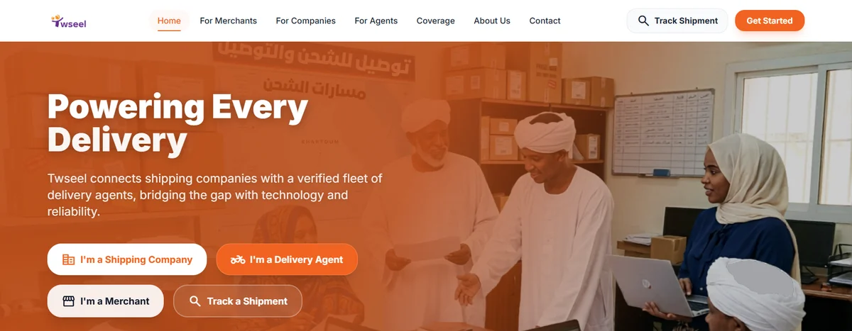 Twseel public website with delivery company, agent and merchant registration options