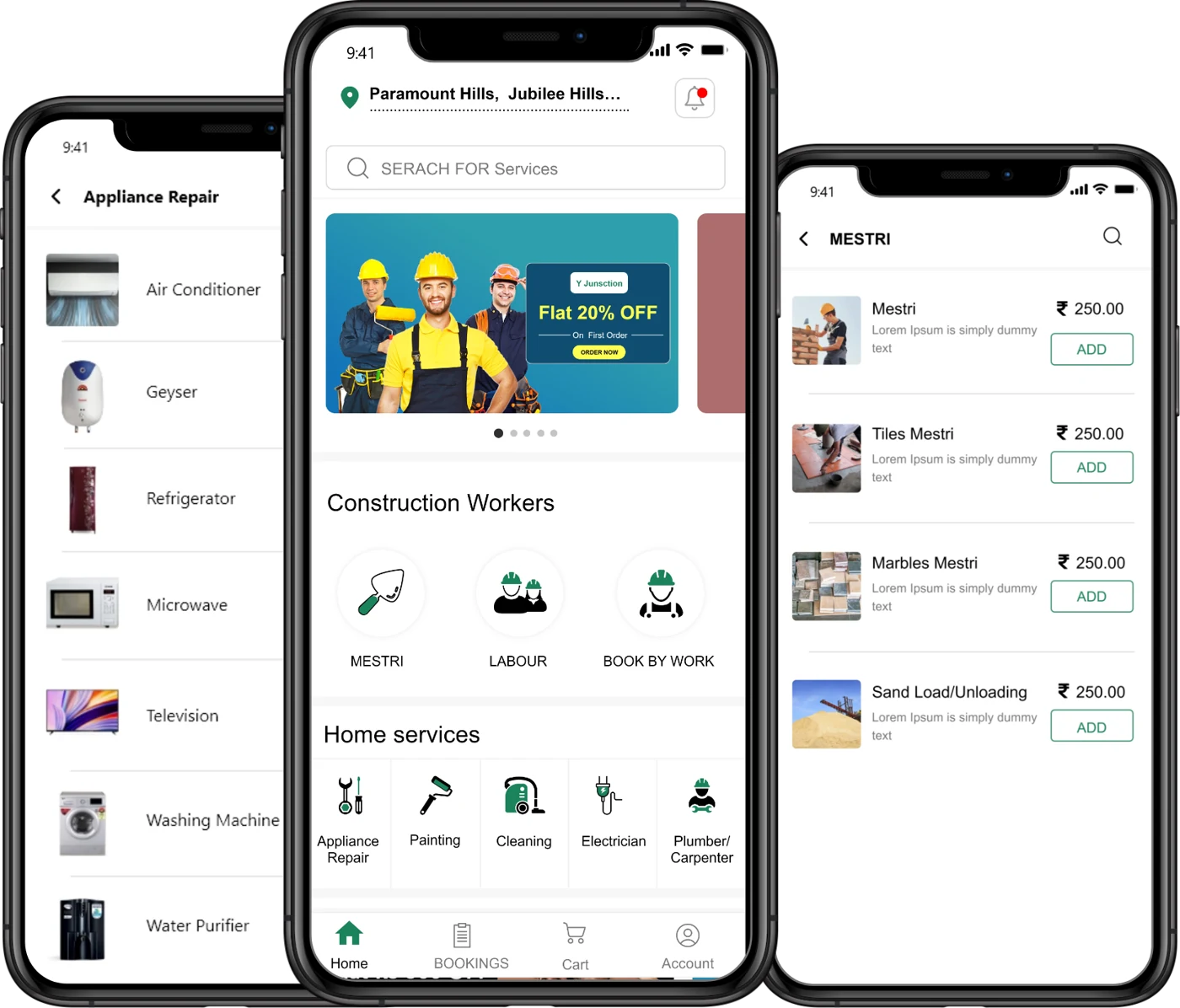 Y Junction’s original website artwork showing home-service and construction categories in the customer app