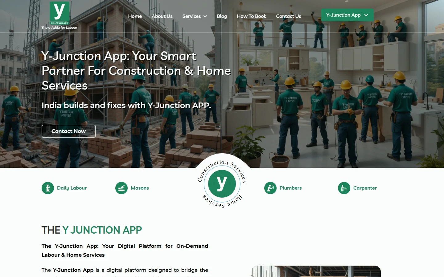 Y Junction’s live website with construction and home-service imagery